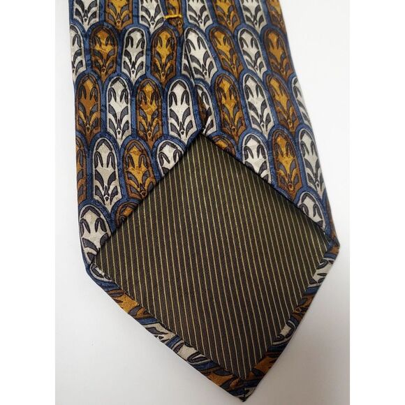BACI Italy Necktie 100% Silk Feather Medallion Print Taupe/Gold/Steel Blue Tie - Picture 8 of 12